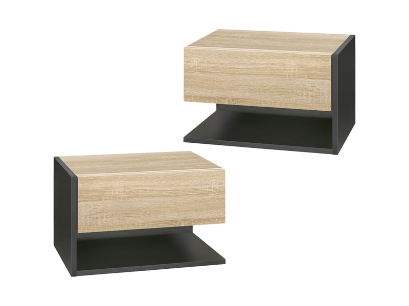  Ensemble de 2 tables de chevet suspendues, avec 1 tiroir et une étagère ouverte, 46 x 30 x 30 cm, chêne et noir  - Conforama B