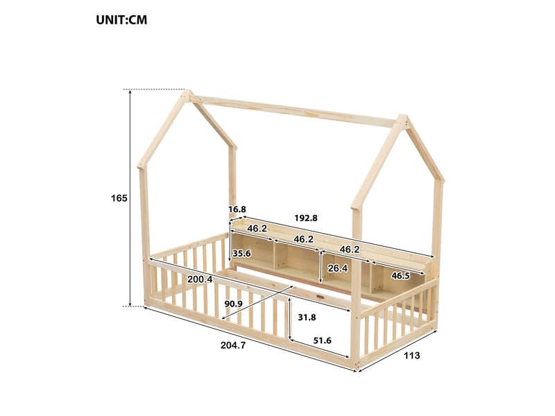  Lit cabane enfant 90 × 200 cm en bois de pin avec barrières de sécurité, étagères de rangement intégrées et cadre maison - naturel  - Conforama C