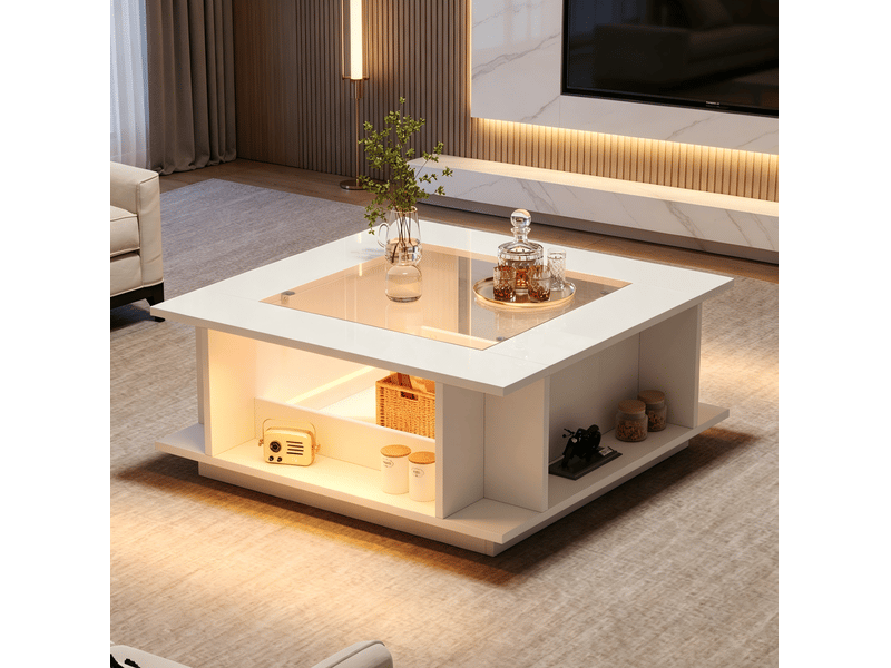  Table basse carrée led avec plateau en verre et rangements ouverts, finition brillante, pour salon, 70 × 70 × 30 cm  - Conforama C
