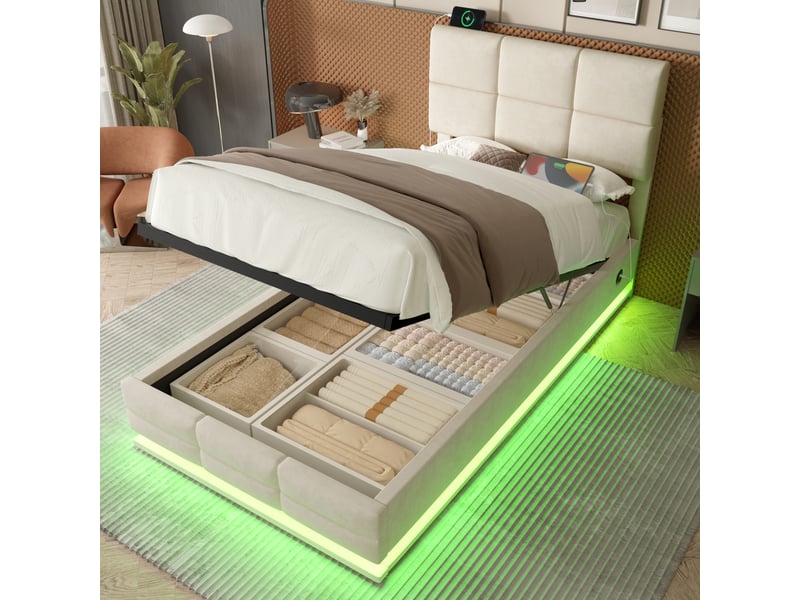  Lit coffre rembourré 90 x 200 cm, rangement hydraulique xxl, tête de lit réglable, led, usbtype-c, revêtement en velours, beige Bliss Lite - Conforama E