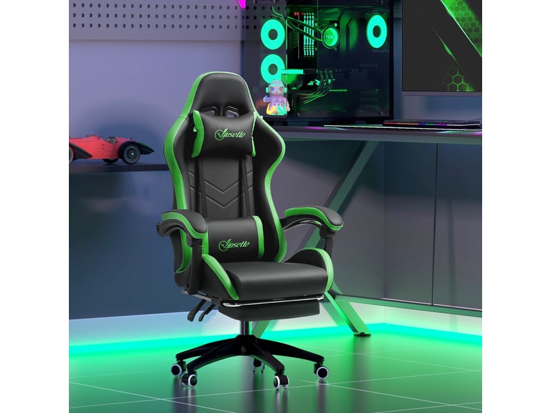  Chaise gaming avec repose-pieds réglable en hauteur, dossier inclinable 135°, noir et vert  - Conforama D