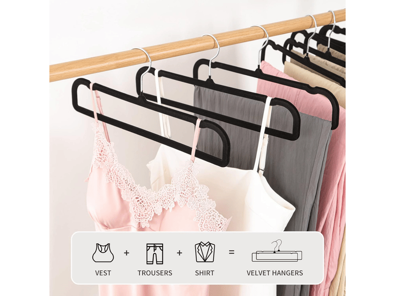  Lot de 10 cintres antidérapants en velours, longueur 35 cm, crochet pivotant à 360 degrés, gain de place, pour pantalons, jeans, foulards, robes, noir  - Conforama B