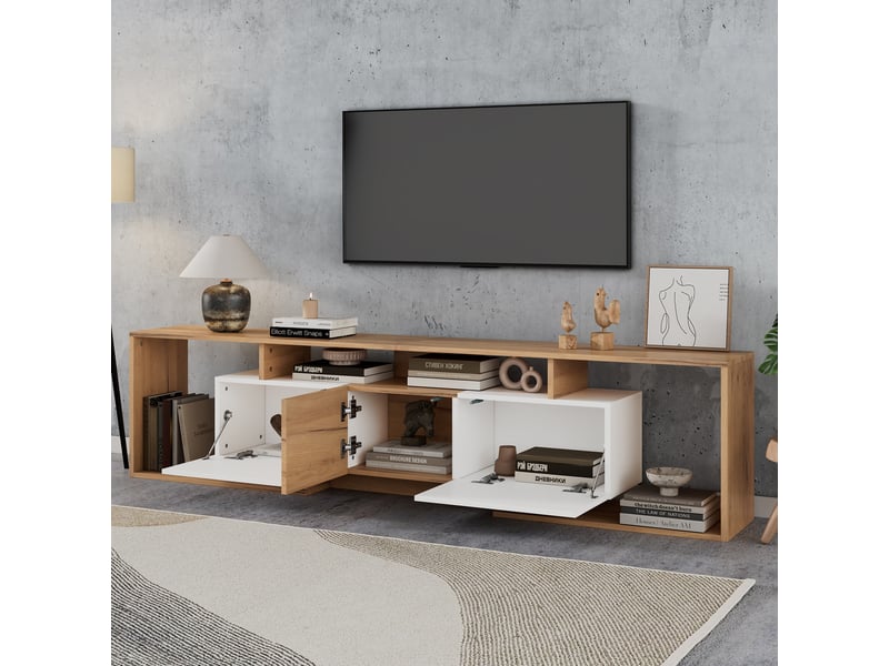  Meuble tv 180 cm bois et blanc avec 3 portes, meuble tv pour 85 pouces, profondeur 30 cm  - Conforama R