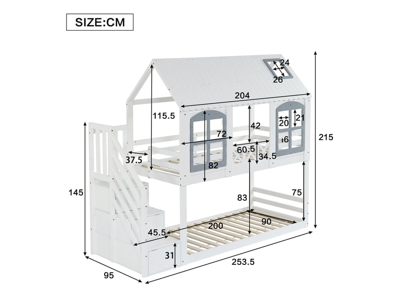  Modenvie lit superposé enfant 90x200 cm - avec toit, fenêtres et escalier de rangement - sans matelas - blanc  - Conforama C