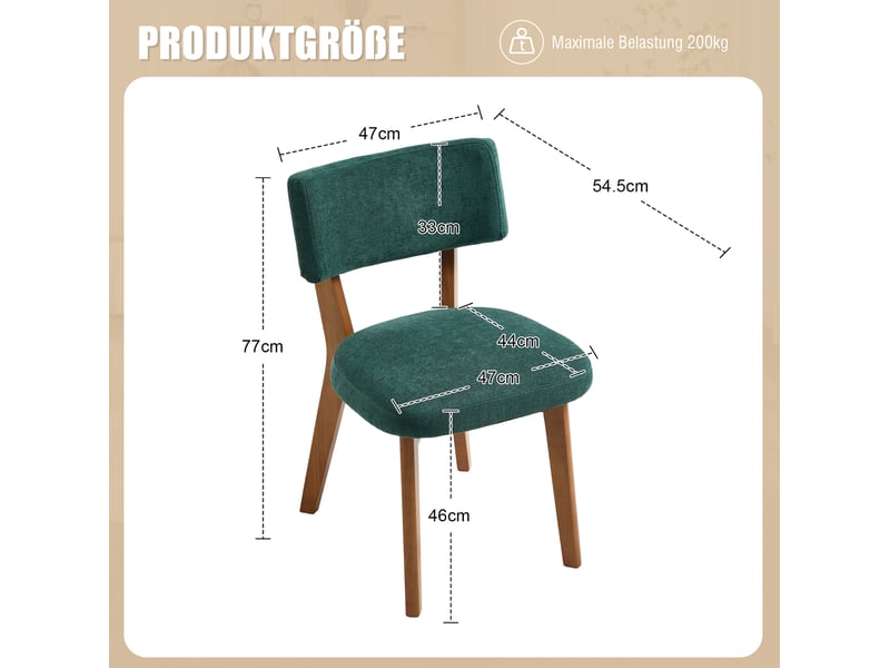  Chaise de salle à manger lot de 2, assise rembourrée ergonomique et pieds en bois massif, tissu vert 54,5 × 47 × 77 cm  - Conforama D