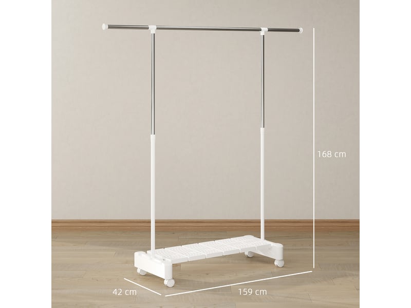  Étendoir à linge extensible avec roulettes et frein, étagère à chaussures et structure en acier inoxydable, blanc  - Conforama C