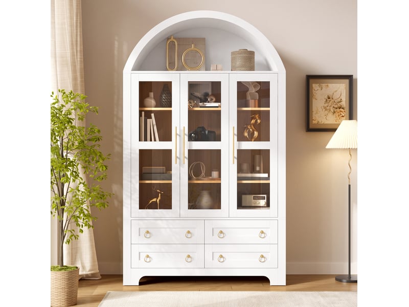  Buffet haut ulevr de rangement 110 x 40 x 185 cm, 3 portes vitrées, 4 tiroirs, niche ouverte en arche, mdf et panneaux de particules blanc  - Conforama B