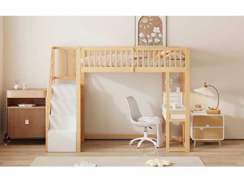  Lit superposé 90x200 cm avec bureau et escalier de rangement structure en pin massif blanc et chêne clair pour enfant et adolescent Sol Morn - Conforama E