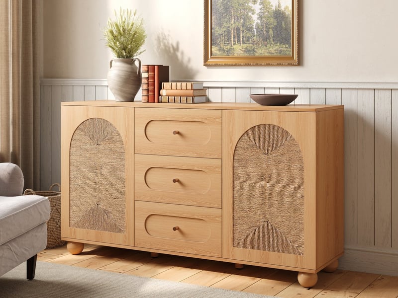  Commode 3 tiroirs et 2 portes, 140 x40 x 80 cm, avec portes en tressage de corde, panneaux de particules et mdf, naturel  - Conforama B