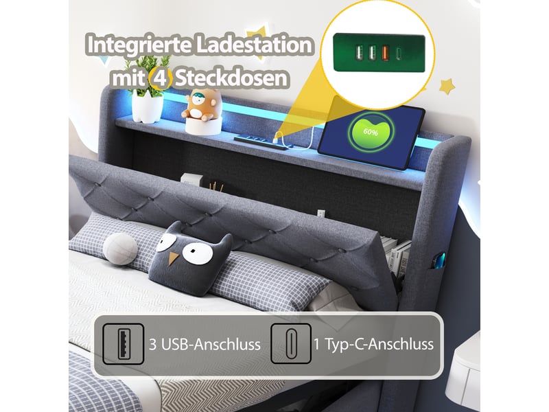  Lit enfant 90x200 cm en tissu gris, led multicolore, usb, tête de lit rabattable et coffre hydraulique  - Conforama D