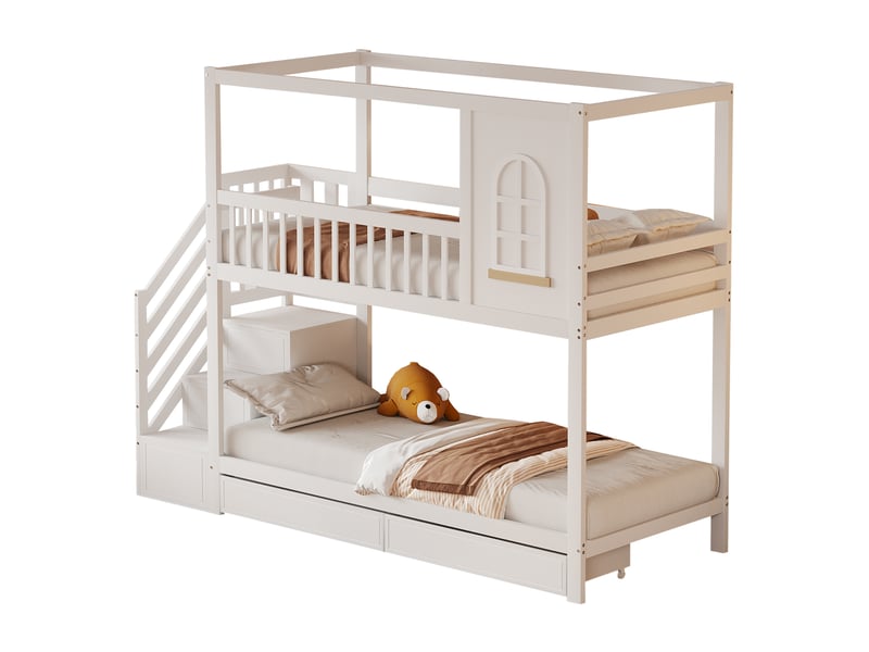  Lit superposé enfant 90x200 lit cabane en bois massif, lit superposé blanc avec tiroirs et escalier de sécurité, 252x96x192cm  - Conforama C