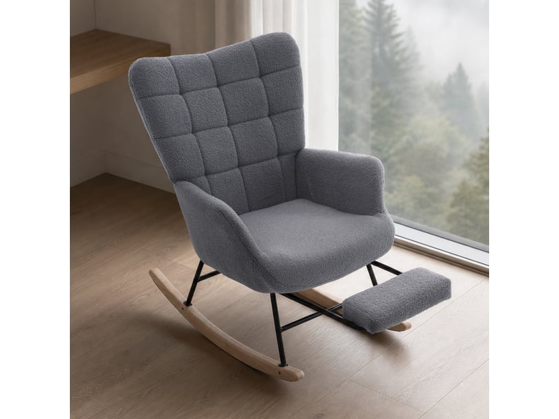  Fauteuil à bascule ulevr en tissu sherpa gris avec repose-pieds, dossier haut et structure métal-bois, 91 x 61 x 88 cm  - Conforama B