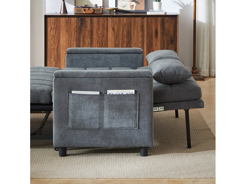  Canapé-lit 3 en 1 deux places 148,6 x 81,3 x 86,4 cm gris chenille, rangement accoudoirs et lit tiroir  - Conforama E