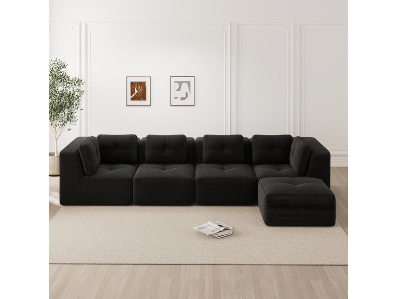  Sofa modulable d'angle sans cadre, canapé 4 places confortable avec assise profonde, coussins moelleux et tissu en velours côtelé noir, pas d'assemblage requis et pieds antidérapants  - Conforama B