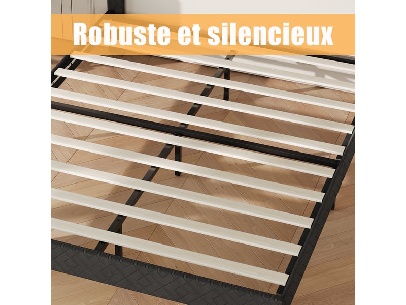  Cadre de lit 160x200,  avec tête de lit rembourrée, structure métallique et sommier à lattes, gris  - Conforama R