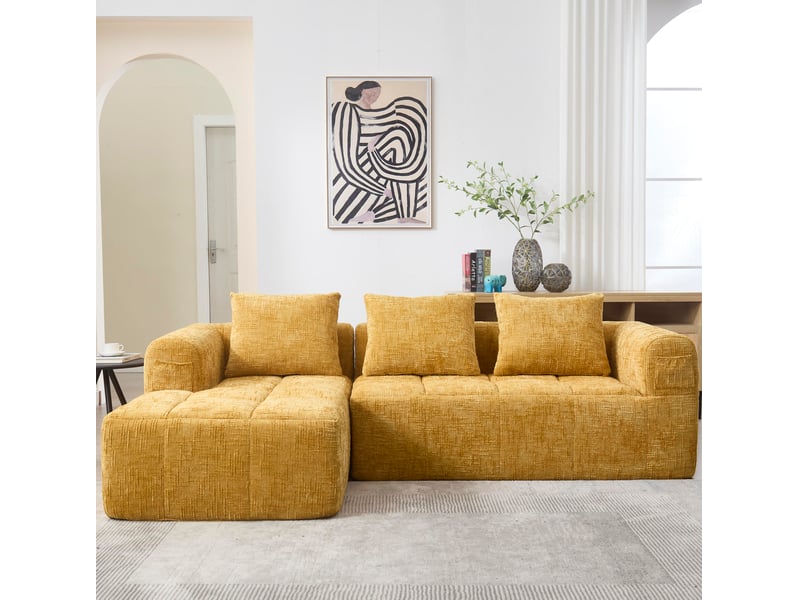 Canapé d'angle modenvie 3 places modulable avec chaise longue en chenille jaune 250 x 158 x 60 cm - Conforama E