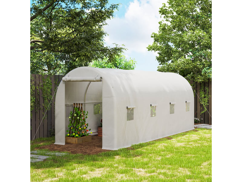  Serre tunnel 500 x 200 x 205 cm, serre de jardin avec porte enroulable et 8 fenêtres, bâche en polyéthylène 140 gm² blanche  - Conforama C