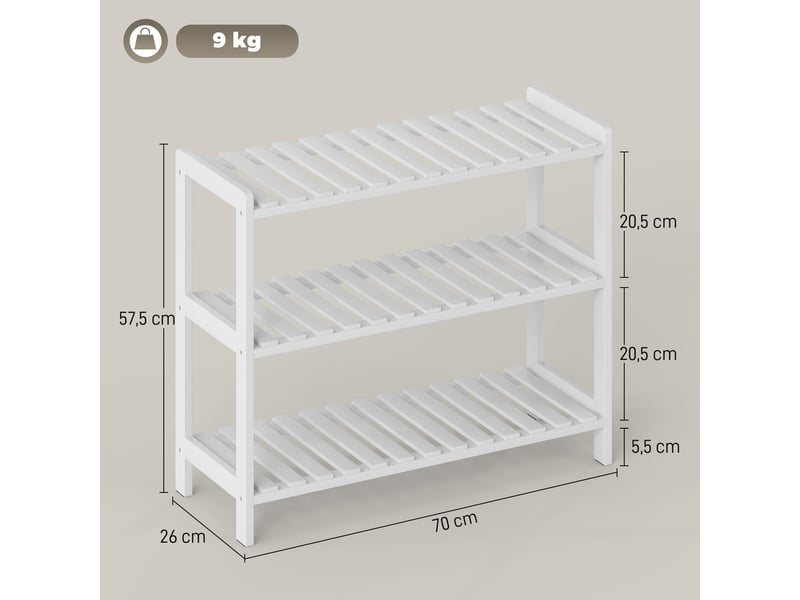  Étagère à chaussures, porte-chaussures 3 niveaux, étagères à lattes, blanc, en bois de pin， 70 x 26 x 57,5 cm  - Conforama C