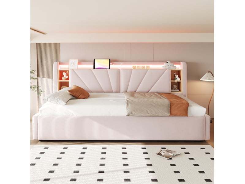  Lit coffre banquette 90x200 cm, rangement hydraulique, dossier avec led et usb, velours rose, sans matelas  - Conforama D