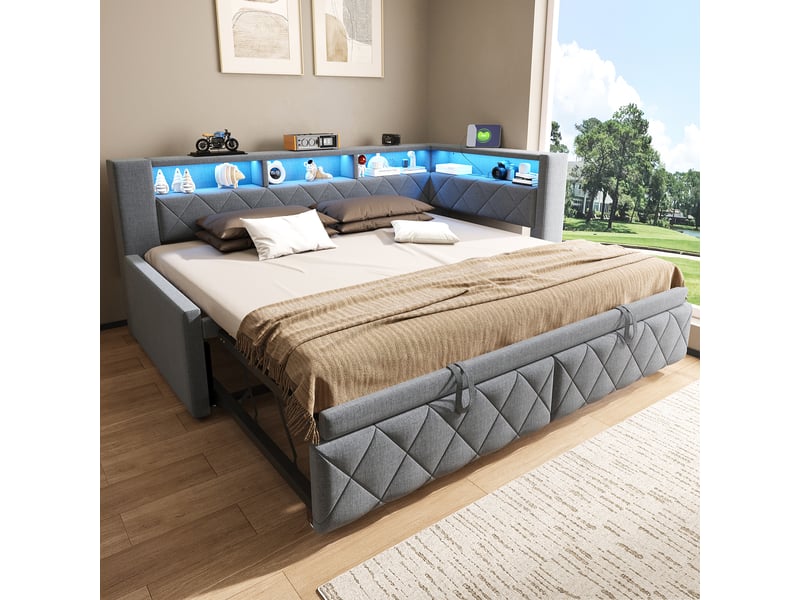 Canapé-lit 90 × 200 cm 180 × 200 cm – avec lit gigogne – éclairage led inclus – prise électrique incluse – revêtement en lin – gris (matelas non inclus) - Conforama W