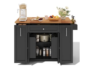 Îlot de cuisine roulant extensible 120 x 4570 x 89 cm avec plateau rabattable, rangement + 3 tiroirs, mdf, noir et bois