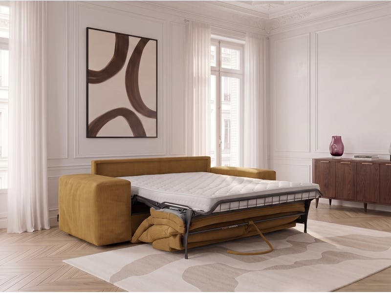  Bobochic canapé droit convertible ouverture express voltaire tissu velours côtelé jaune 140x200 VOLTAIRE - Conforama C