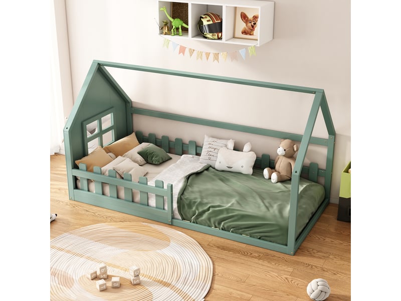  Lit cabane enfant 90x200 cm, lit vert pour chambre enfant avec cadre en bois de pin, design minimaliste  - Conforama R