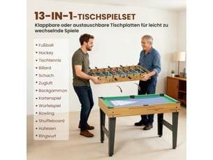 Table de jeu 13 en 1, baby-foot, échecs, billard, ping-pong, mdf et plastique, noyer