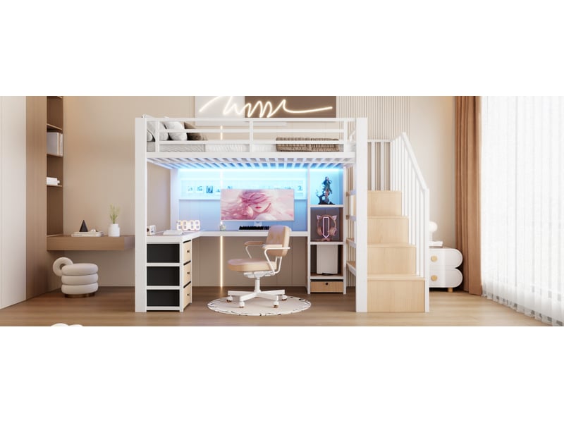  Lit mezzanine enfant 90 × 200 cm 1 place avec bureau, 4 tiroirs, étagère et led, sans matelas, blanc  - Conforama E