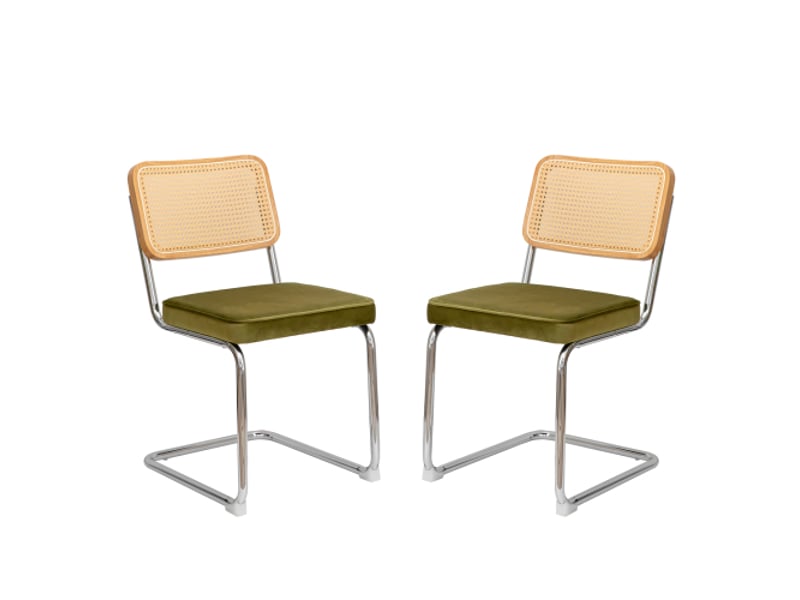  Ensemble de 4 chaises à manger velours et rotin, pieds chromés – design mid-century breuer, assises tapissées  - Conforama A
