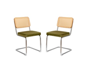 Ensemble de 4 chaises à manger velours et rotin, pieds chromés – design mid-century breuer, assises tapissées