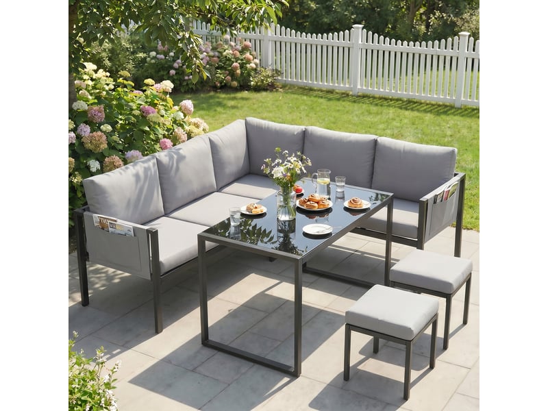  Salon de jardin canapé d'angle extérieur 6 pcs coussins 10cm table haute et 2 repose-pieds gris  - Conforama C