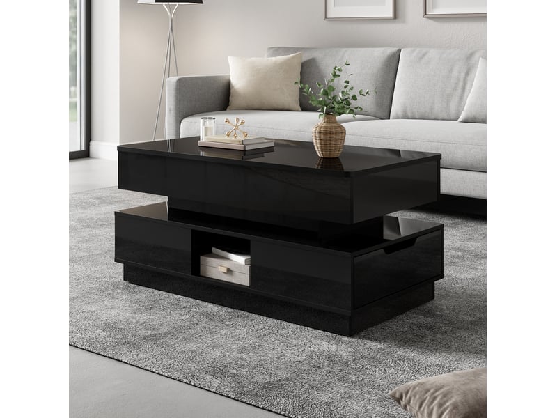  Table basse 90x48x42.5 cm noire avec plateau relevable, led et rangement  - Conforama D
