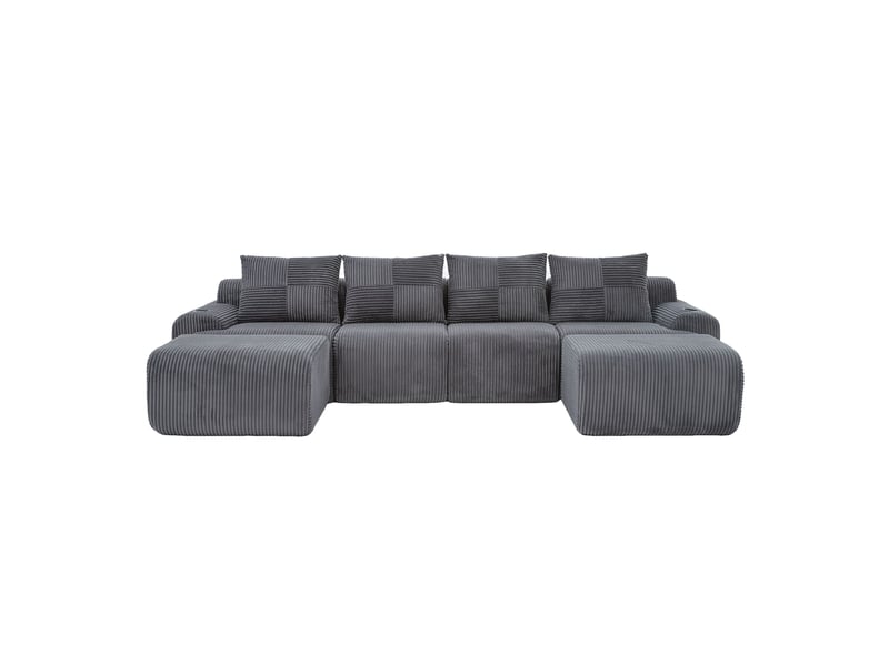  Canapé d'angle modulable 4 places en velours côtelé gris foncé, 2 poufs, porte-gobelet et poche latérale  - Conforama A