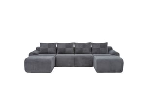 Canapé d'angle modulable 4 places en velours côtelé gris foncé, 2 poufs, porte-gobelet et poche latérale