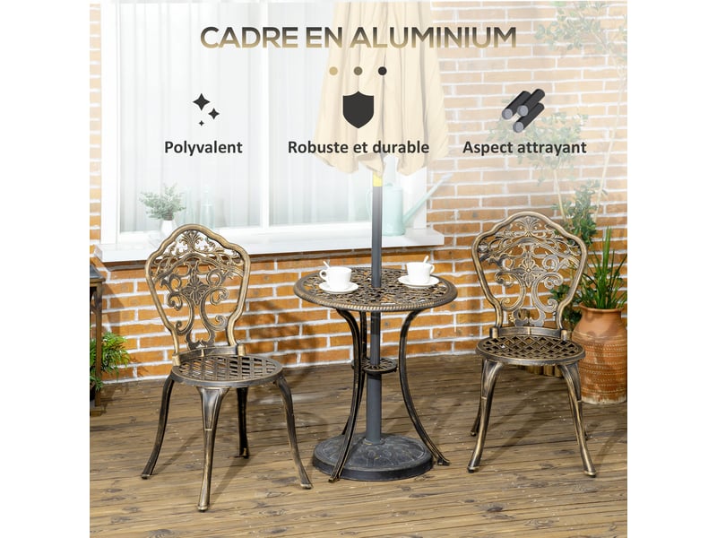  Salon de jardin bistrot 3 pièces 1 table ronde et 2 chaises en fonte d'aluminium noir  - Conforama E