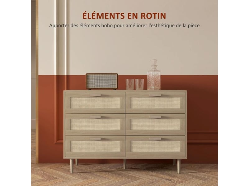  Commode 6 tiroirs meuble de rangement avec tissage en rotin dim. 110l x 40l x 75h cm aspect bois clair  - Conforama E