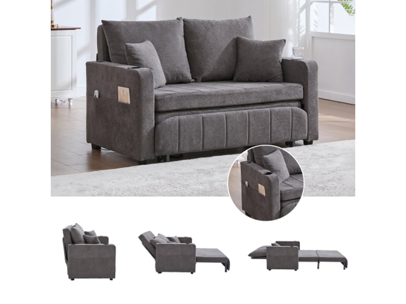  Canapé multifonction en tissu gris chenille, convertible, canapé-lit, rangements sur accoudoirs, usb et porte-gobelets  - Conforama B