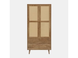 Armoire effet bois foncé et rotin avec penderie, étagères, 2 tiroirs et pieds