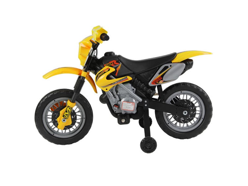  Moto électrique pour enfants à partir de 3 ans, moto cross électrique avec stabilisateurs, batterie 6 v, vitesse 2,5 kmh, 102 x 53 x 66 cm, jaune  - Conforama B