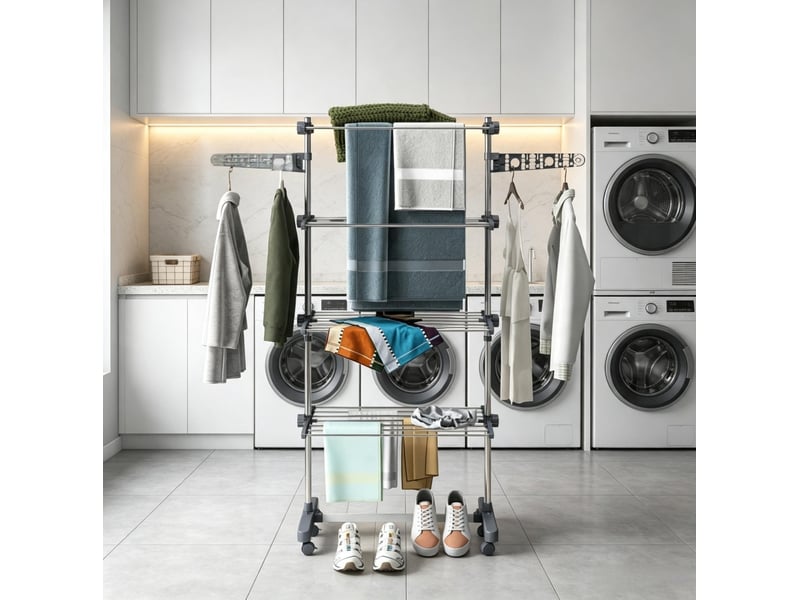  Étendoir à linge pliable à 4 niveaux sur roulettes en acier inoxydable et abs gris  - Conforama C