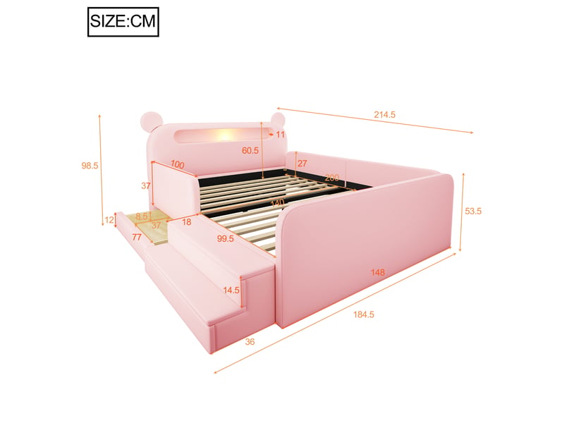 Lit 2 places 140x200 cm - lit enfant avec tête de lit ours, rangement, veilleuse et usb - rose - Conforama C