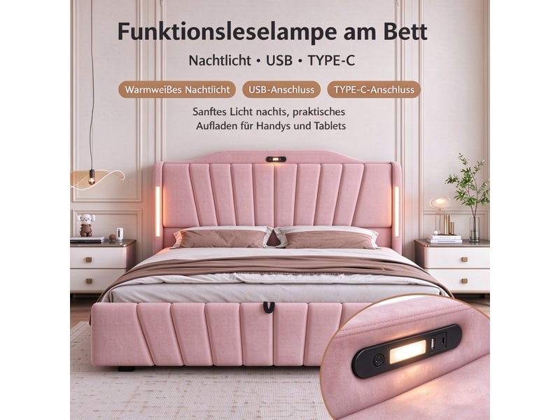  Lit coffre hydraulique 180x200 cm en velours rose avec tête de lit led, usb-c, veilleuse intégrée et rangement Morn Vibe - Conforama D
