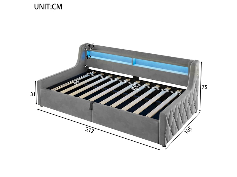  Lit pour jeune, 90x200 cm, coffre avec ouverture hydraulique, tete de lit led, allure moderne, flanelle, coloris gris  - Conforama C