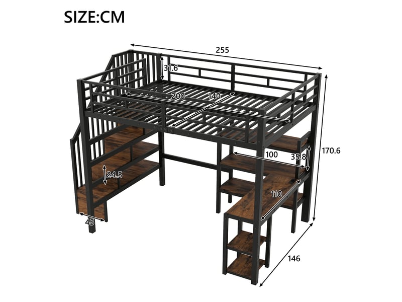  Lit mezzanine 140x200 cm noir avec bureau, escalier, led et station usb  - Conforama C