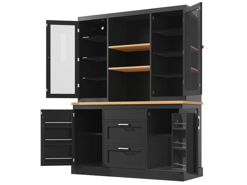 Buffet de cuisine led 140x40x185 cm, 3 tiroirs 4 portes et étagères réglables, mdf noir - Conforama D
