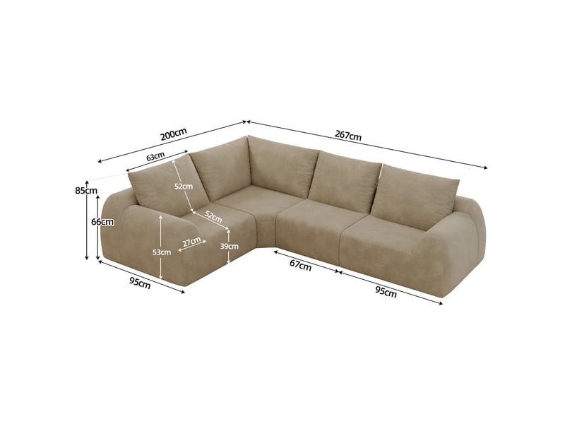  Canapé d'angle 4 places compressé sans outils, rembourrage en mousse, revêtement en chenille kaki, 267 × 200 × 85 cm  - Conforama C