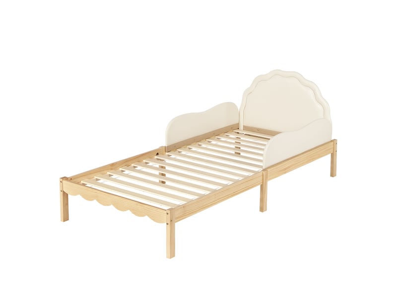 Lit enfant 90x200 cm, barrières, lit simple tête de lit en pu, sommier, structure bois, beige naturel, sans matelas  - Conforama E