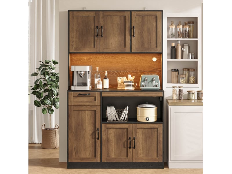  Armoire de cuisine 110x40x180 cm avec 6 portes et 1 tiroir, éclairage led rvb, design moderne, en mdf, noir et naturel  - Conforama D
