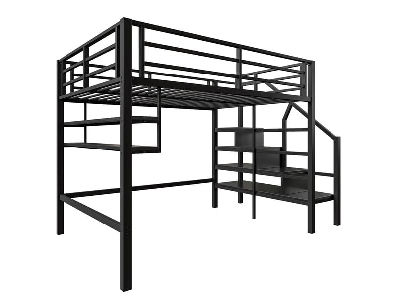  Lit mezzanine noir 140x200 cm avec étagères, échelle rangement et garde-corps  - Conforama E